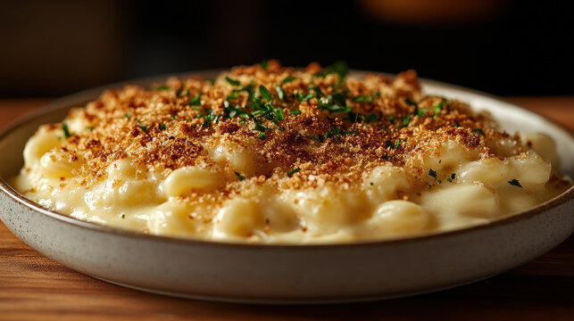 A close-up of a creamy, cheesy macaroni and cheese dish topped with a golden-brown breadcrumb crust and fresh parsley
