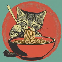 colorful cartoon illustration of a tabby cat eating spaghetti