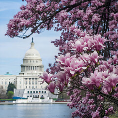 U.S. Capitol Building in Spring with Magnolia and Cherry Blossoms – Washington DC Landmark