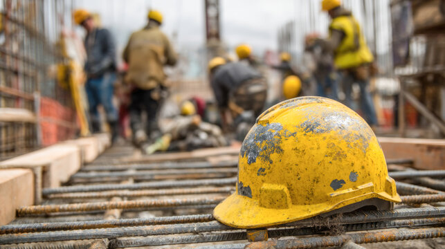 Yellow hard hat on construction site with diverse workers in the background