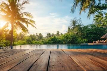 Fototapeta premium Tropical pool view with wooden deck and palm trees
