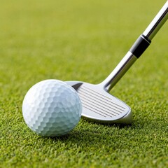 The elegant golf club and ball on the green field symbolize the sophistication and attractiveness of golf, emphasizing the aesthetics of the game itself and sports equipment.