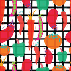 Vibrant Farm-to-Table Veggie Seamless Pattern with Checkerboard Background