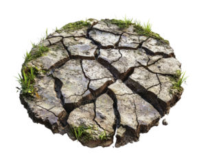 Dried earth cracks with grass growth natural landscape scene view isolated on transparent background