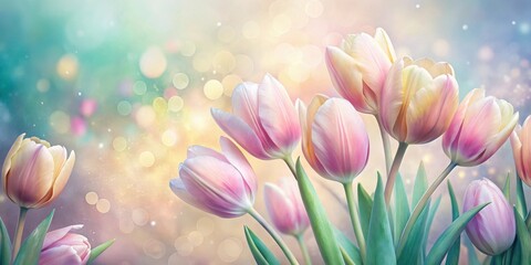 Fototapeta premium A Bouquet of Delicate Pink and Yellow Tulips Emerging from a Blurred Background of Soft Pastel Colors and Sparkling Lights