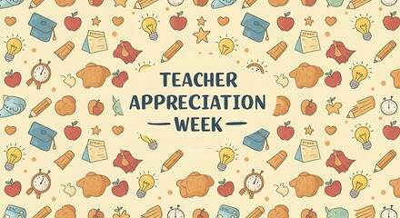 Colorful Teacher Appreciation Week Illustration: Hand-Drawn Icons of Apples, Pencils, Graduation Caps, & Light Bulbs Celebrating Teachers on a Pale Yellow Background for Educational Promotions