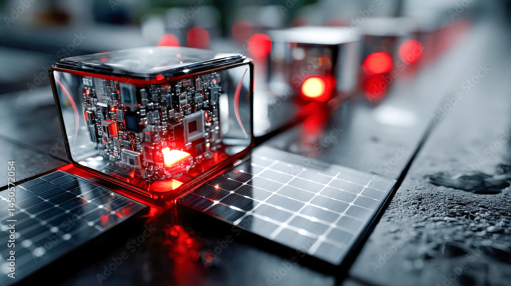 Poster futuristic energy cube with visible circuitry and illuminated red core on a grid of solar panels