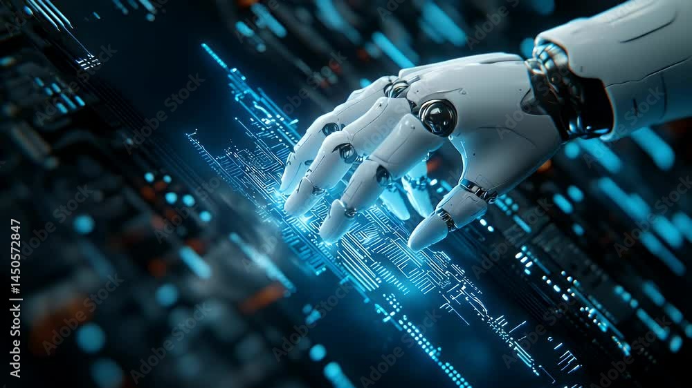 Poster futuristic robot hand interacting with digital interface