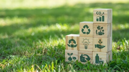 Wooden blocks with environmental symbols forming a step-like structure.