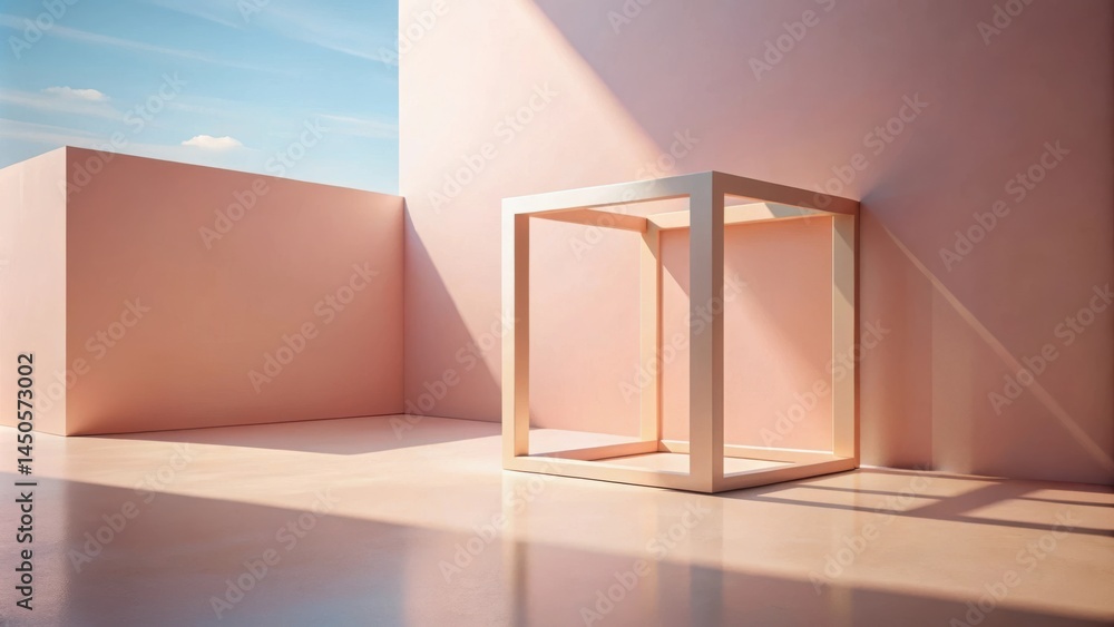 Aufkleber a minimalist abstract composition with a golden frame and soft light cast on the pastel pink walls a