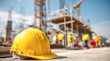 Yellow hard hat on construction site with blurred workers in background