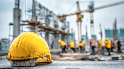 Construction site with yellow hard hat and workers in background