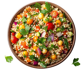 Fresh couscous salad recipe kitchen food bright colors top view healthy eating isolated on...