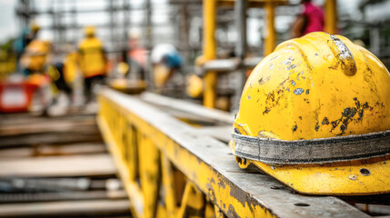 Yellow hard hat on construction site with workers in background