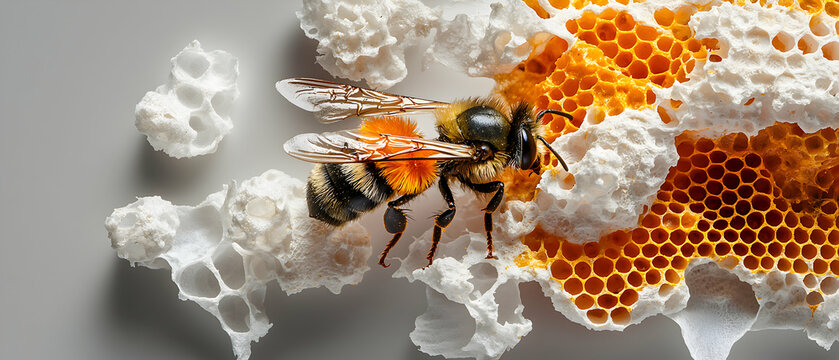 Detailed macro shot of a bee on honeycomb. Great for educational materials or nature themed projects. Perfect for close up detail or backgrounds.