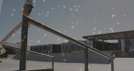 Skateboarder grinding metal rail in skate park, integrating sparkle effects for sports marketing - Powered by Adobe