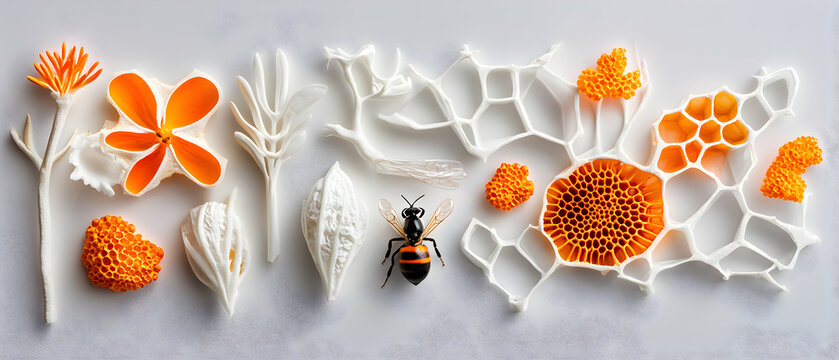 Stylized bee-related elements in a bright composition. Ideal for educational content nature art or themed projects exploring the beauty of bees and honey.