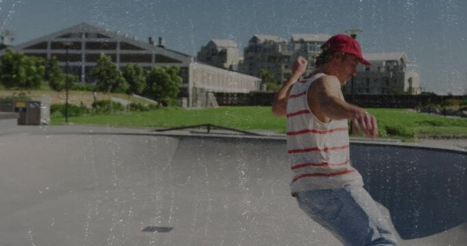 Male skateboarder practicing on half-pipe at skate park, with animated speed lines for marketing