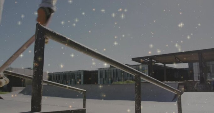 Skateboarder grinding metal rail in skate park, integrating sparkle effects for sports marketing - Powered by Adobe