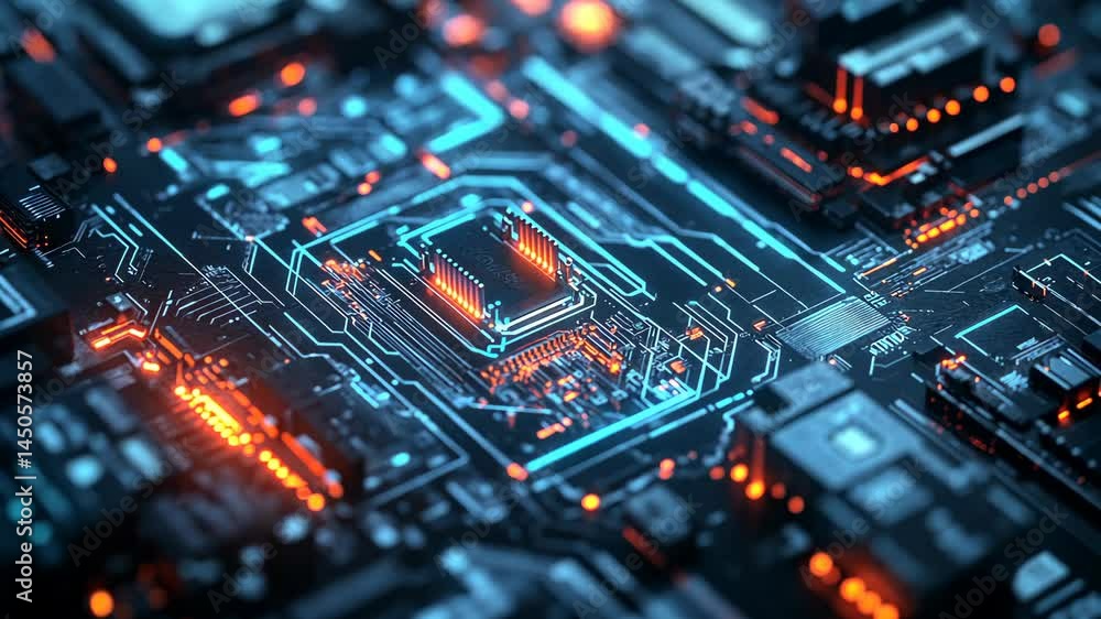 Aufkleber futuristic circuitry: dynamic electronic board with glowing elements and movement