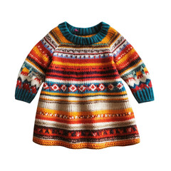 Colorful Knit Dress for Children with Geometric Patterns and Warm Tones on transparent background