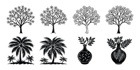 Three potted plants are arranged in a row, with one of them being a palm tree. The plants are all different sizes and shapes, but they all have a similar color scheme of green and brown
