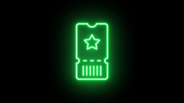 Neon ticket icon, flickering emergence and fading. Glowing neon ticket icon, looped animation. Music admission pass, cinema ticket, lottery coupon, early access pass. Yellow green orange colors