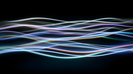 Interwoven luminous strands evoke a sense of flowing energy and futuristic connectivity on black background
