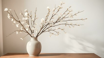 Blossoming Elegance: delicate, flowering branches in a minimalist vase. Bathed in soft sunlight, against an off-white backdrop. 