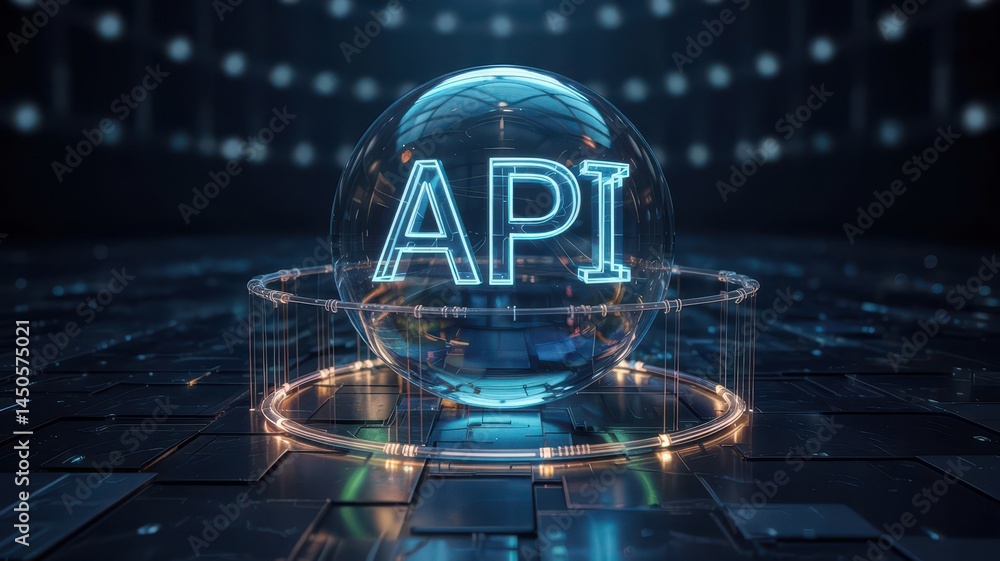 Aufkleber glowing sphere displaying the abbreviation api on a dark futuristic background.