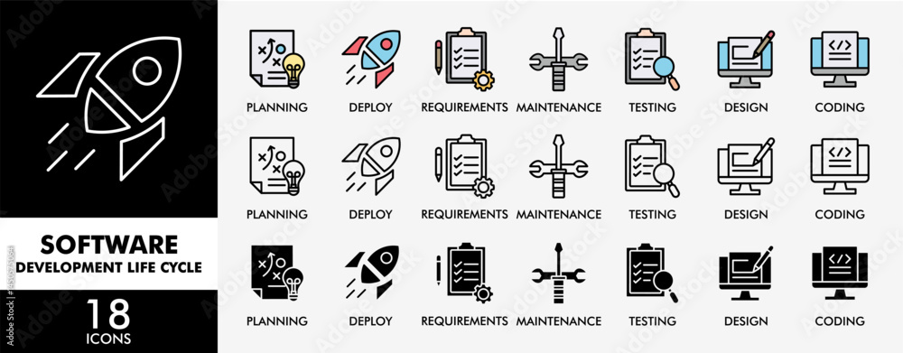 Poster software development life cycle icon set with various styles and colors sdlc with icon of planning, 