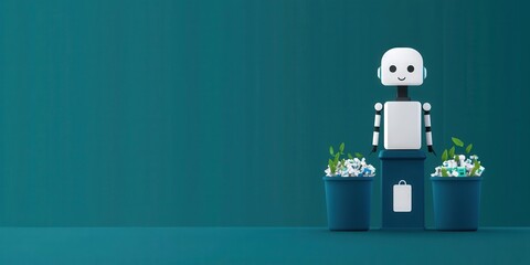 Obraz premium industrial machinery and production line mechanized concept. Robot surrounded by plants in two pots against a teal background.