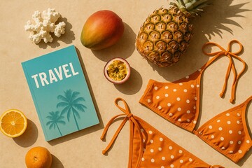 Summer vacation essentials arranged in a flatlay composition featuring Travel guide, coral, tropical fruits and swimwear, captured on a bright seasonal background