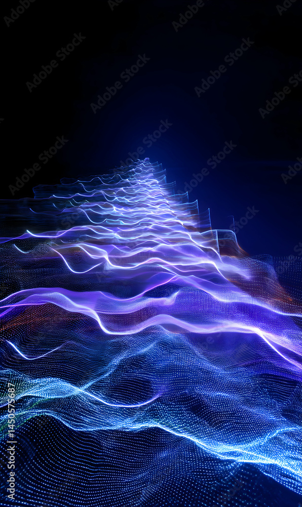 Poster abstract illumination of glowing waves cascading down into darkness, a stunning display of vibrant c