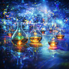 Glowing beaker collection in futuristic laboratory
