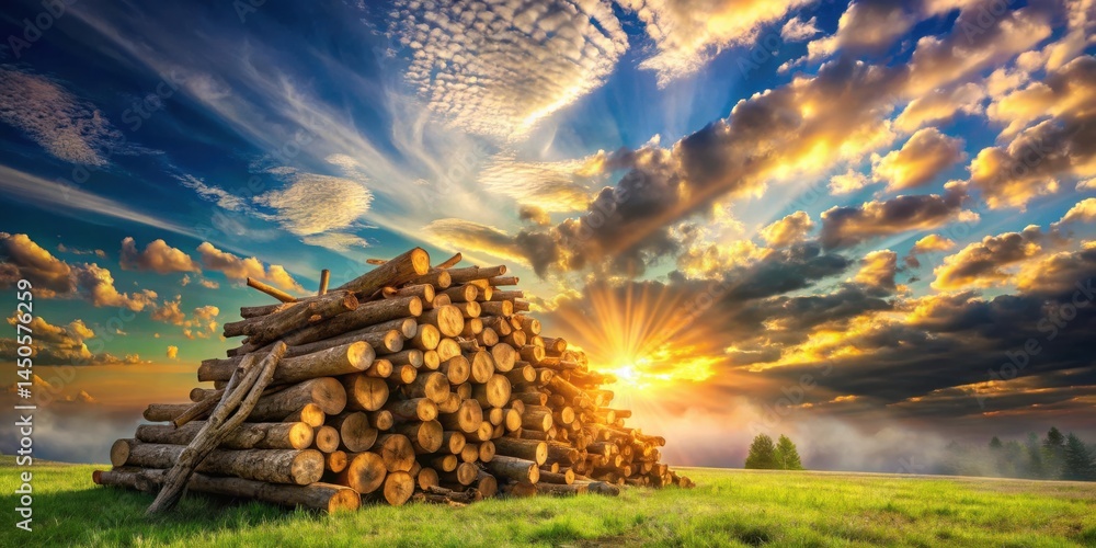 Poster a stack of logs against a dramatic sunset sky with golden rays of light shining through the clouds