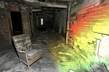 Abandoned interior with a faded chair and colorful brick walls.  Ruined hallway, debris scattered