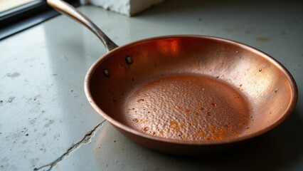 A rusted cast iron skillet with a black handle on a kitchen counter.
