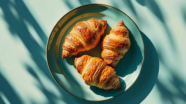 Golden croissants on a plate with moving shadows under sunlight