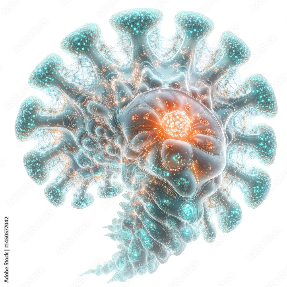  a self-learning ai algorithm visualized as an evolving organism with glowing parts. isolated on whit