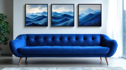 Modern living room with blue sofa and mountain prints