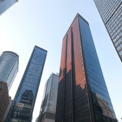 Skyward Ambition: A breathtaking low-angle perspective of a majestic skyscraper reaching skyward amidst a cluster of high-rises, capturing the sheer scale and ambition of modern architecture.