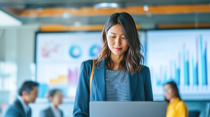 Asian female professional engages with laptop in modern office setting