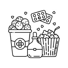 game night snacks popcorn soda icon, game night snacks popcorn soda line art - simple line art of game night snacks popcorn soda, perfect for game night snacks popcorn soda logos and icons