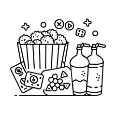 game night snacks popcorn soda icon, game night snacks popcorn soda line art - simple line art of game night snacks popcorn soda, perfect for game night snacks popcorn soda logos and icons