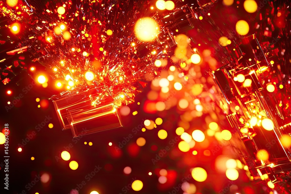 Poster explosive burst of red and gold light, radiating from a central point. gift boxes or similar objects