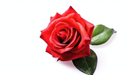 Beautiful Red Rose Flower with Stem and Leaves Isolated on White Background

