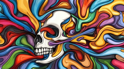 Fototapeta premium Skull engulfed in vibrant, swirling abstract forms.
