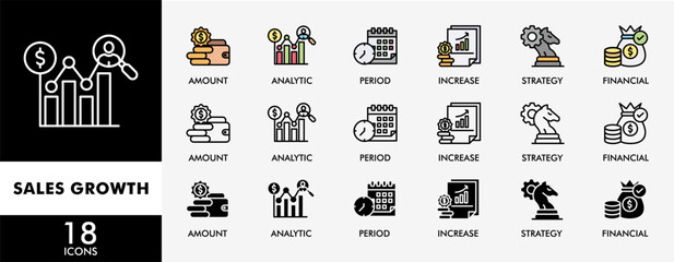 SALES GROWTH icon set with various styles and colors amount, analytic, period, increase, strategy, economy and financial