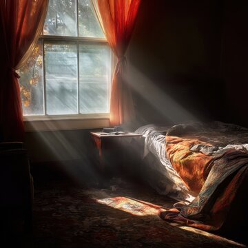 Sunlight streams into a dimly lit bedroom with a window.